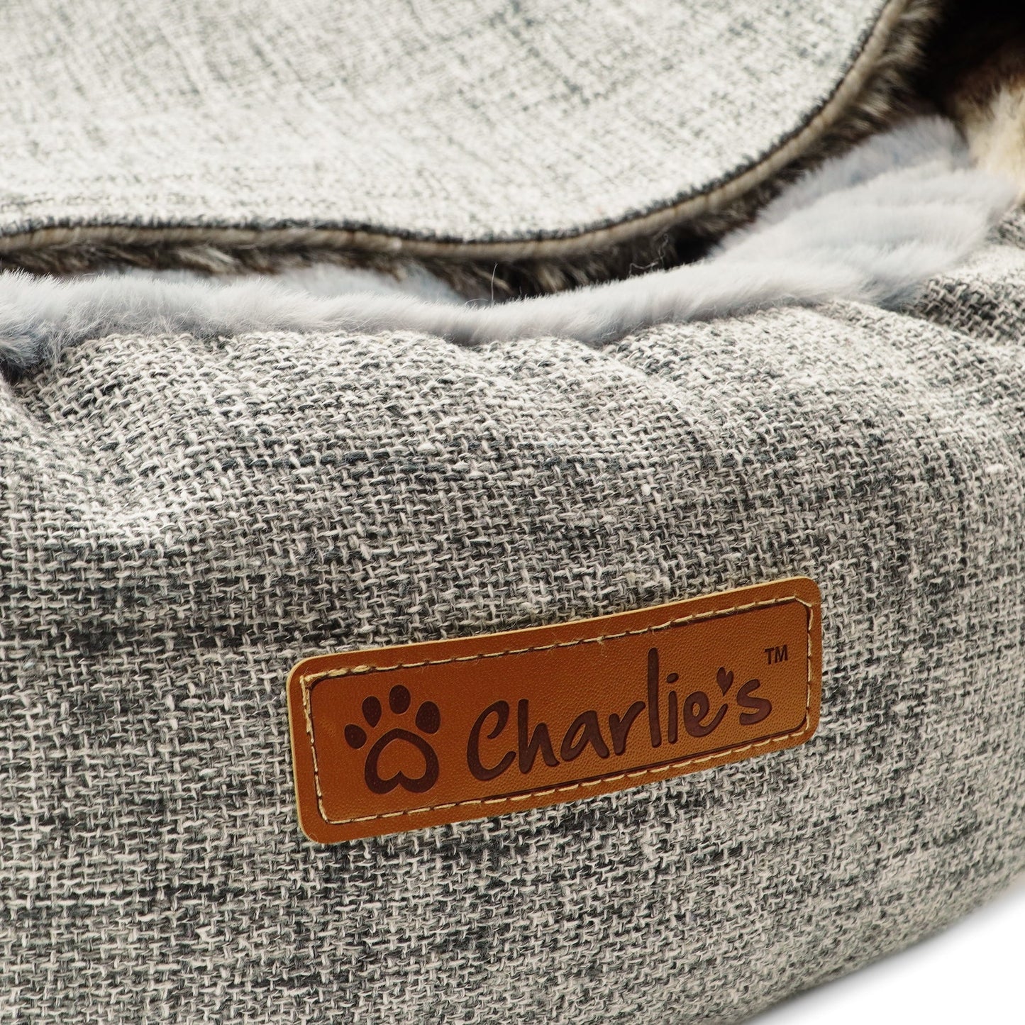 Charlie’s – Snookie Hooded Pet Bed – Faux Wolf Fur & Linen - Light Grey