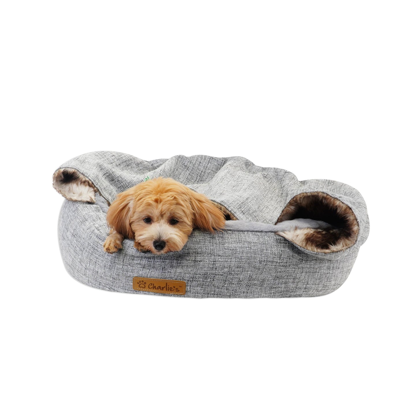 Charlie’s – Snookie Hooded Pet Bed – Faux Wolf Fur & Linen - Light Grey