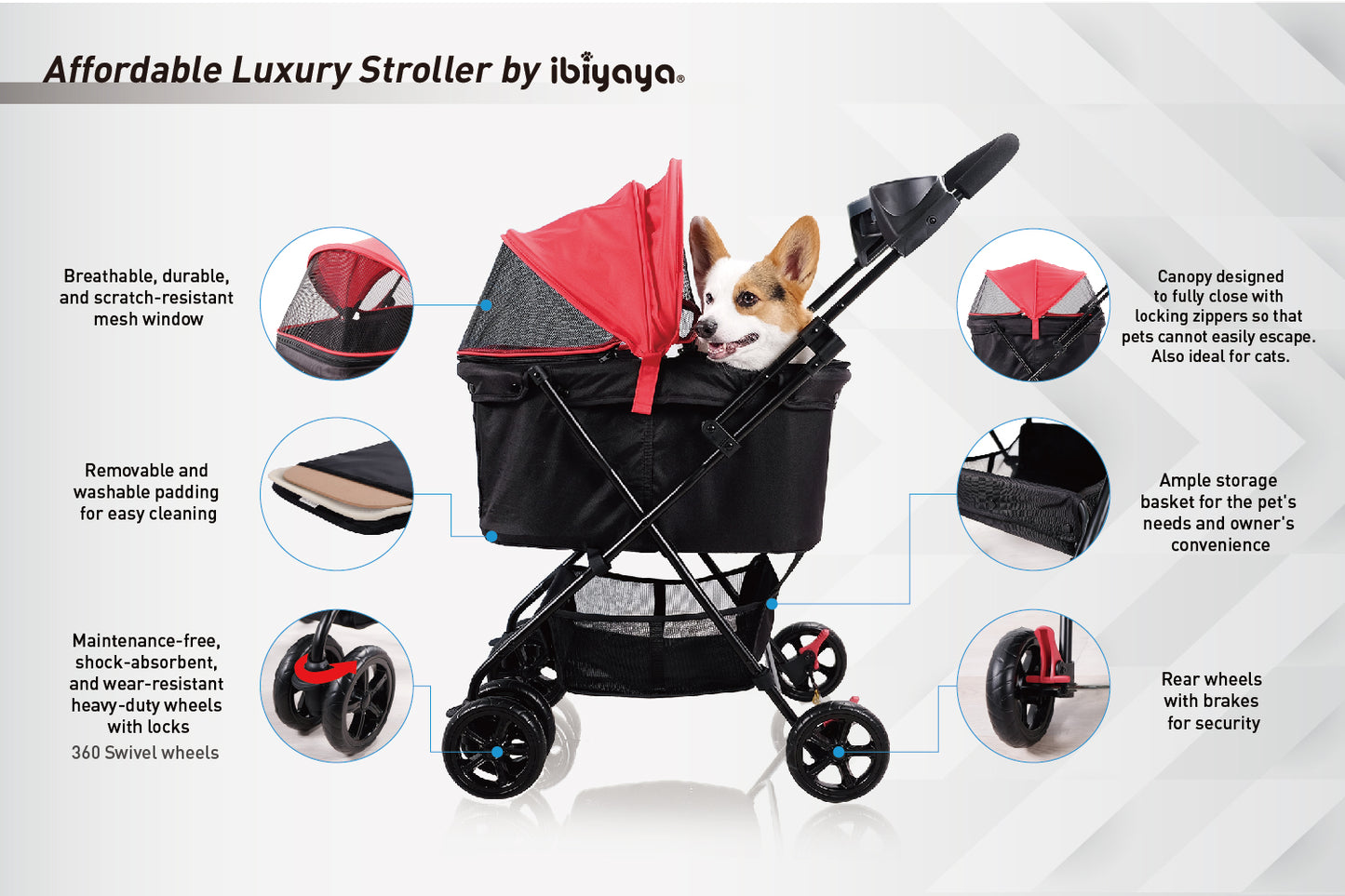 Ibiyaya Easy Strolling Pet Buggy for Cats & Dogs up to 20kg - Rouge Red