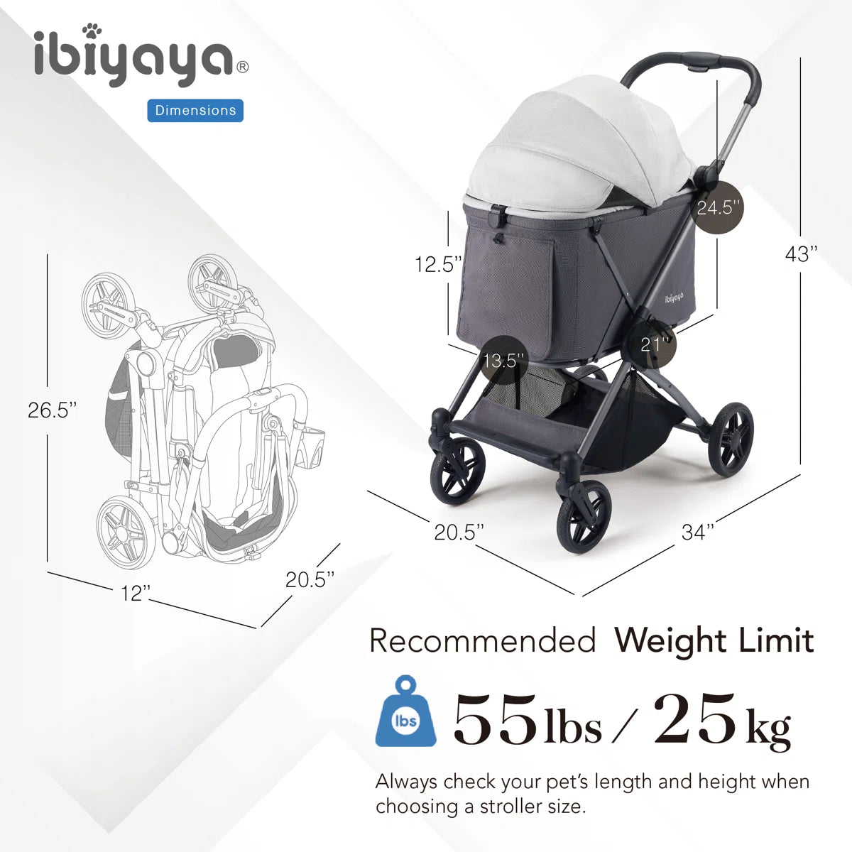 Ibiyaya Maxi Deep Carriage Pet Stroller - Grey