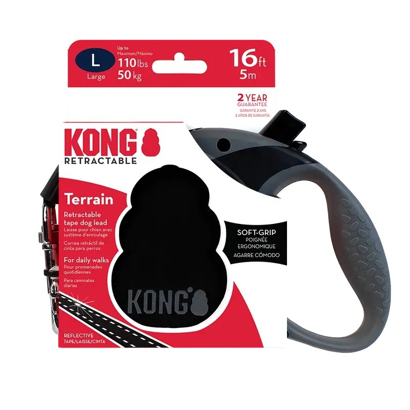 Kong Terrain Retractable Leash in Black, Grey or Red