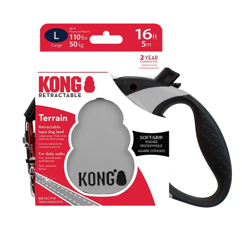 Kong Terrain Retractable Leash in Black, Grey or Red