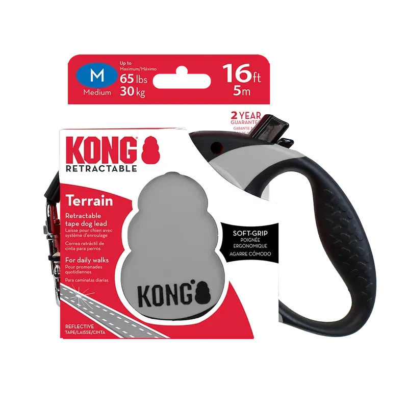 Kong Terrain Retractable Leash in Black, Grey or Red