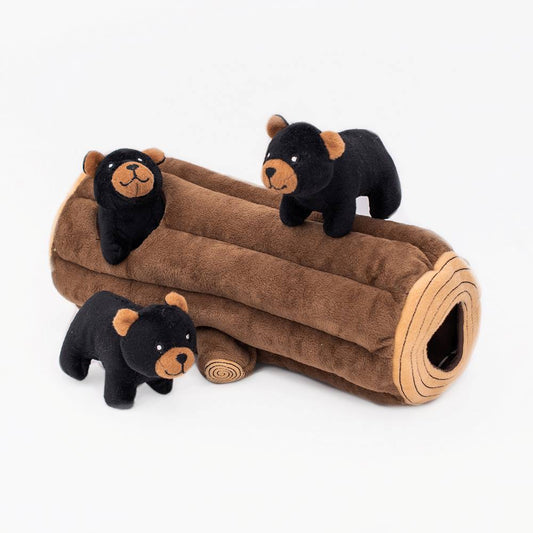 Zippy Paws Zippy Burrow Interactive Dog Toy - Black Bear Log + 3 Bears