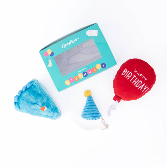 Zippy Paws Plush Squeaker Dog Toy - Birthday Box with Cake, Balloon & Party Hat