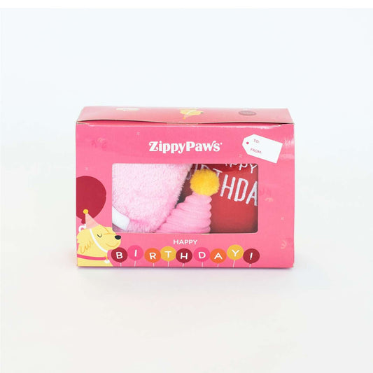 Zippy Paws Birthday Box Plush Squeaker Dog Toys - 3 Toys in Pink