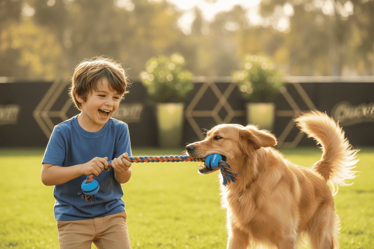 boy and dog playing with Chuckit! – Ultra Tug