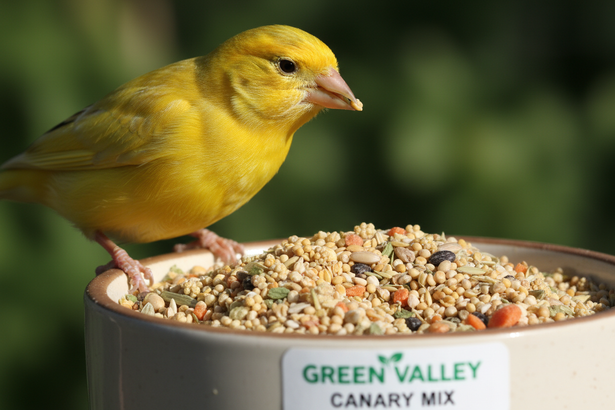 canary feeding on Green Valley Canary Mix