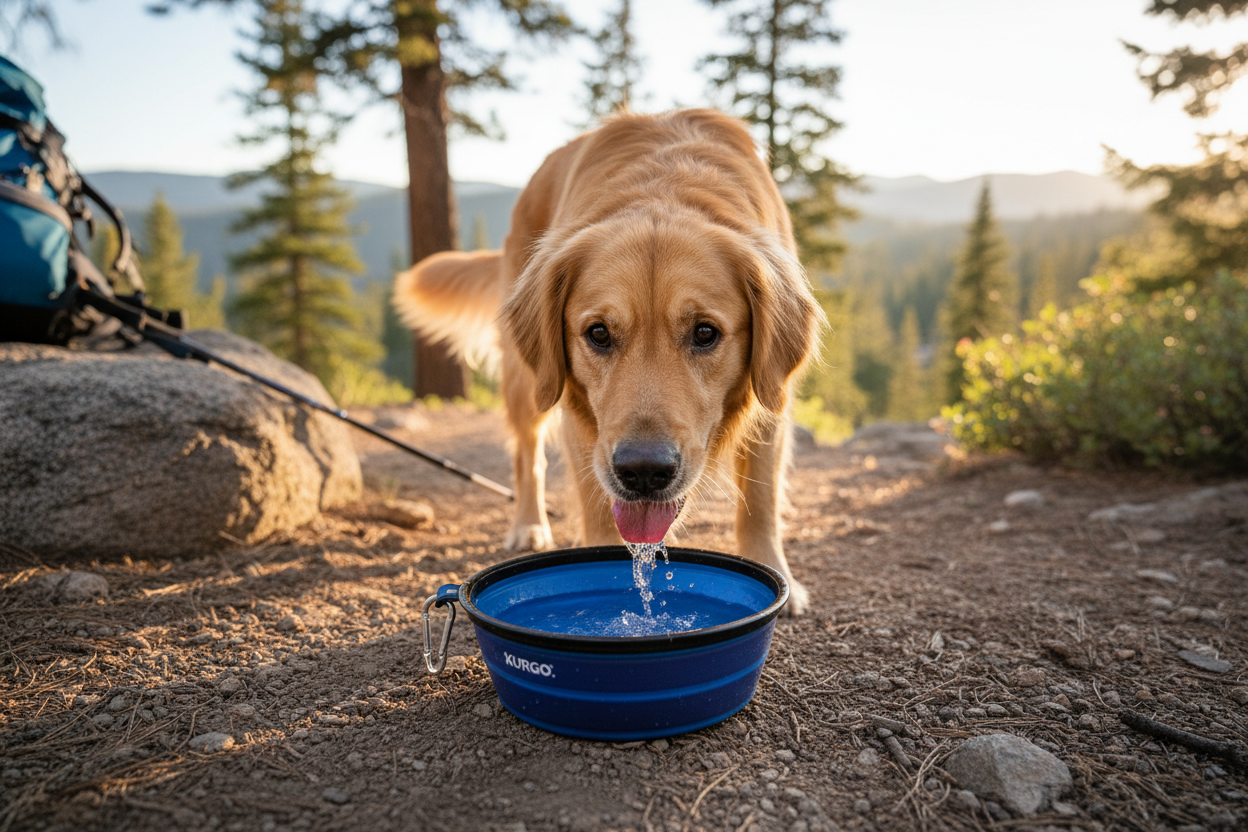 Dog drinking from Kurgo collapsible bowl