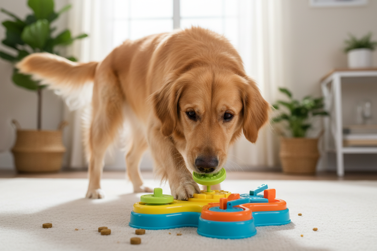 dog playing with Brightkins Brain Teaser Interactive Dog Treat & Food Puzzle