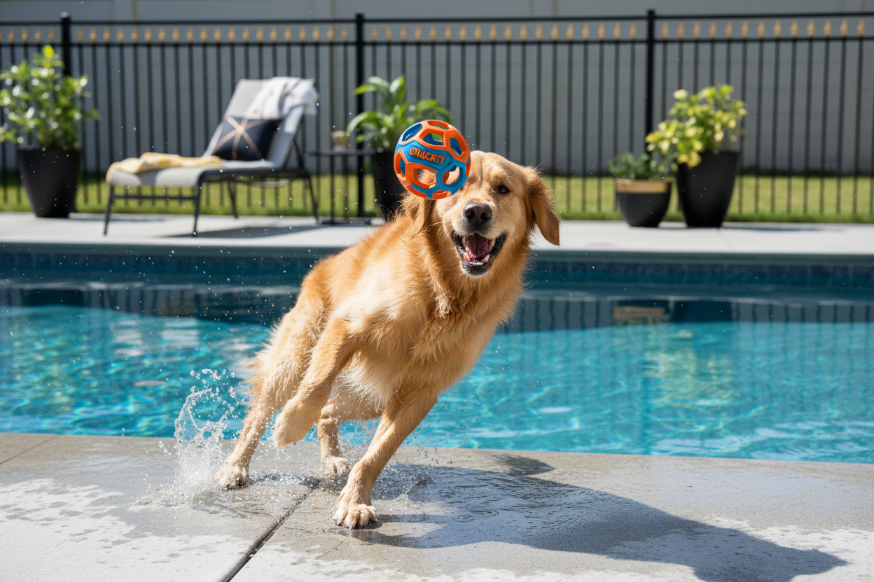 Dog playing with Chuckit! – Breathe Right – Fetch Ball near a pool
