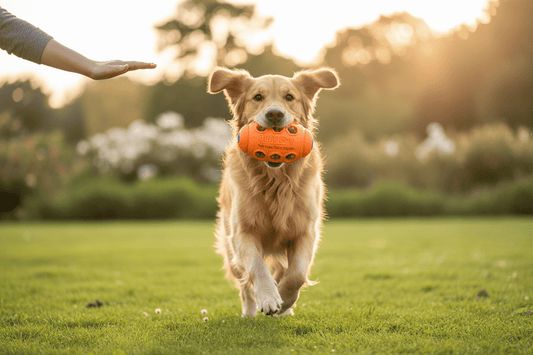 dog playing with RUFF Play – TPR Foam Treat Rugby