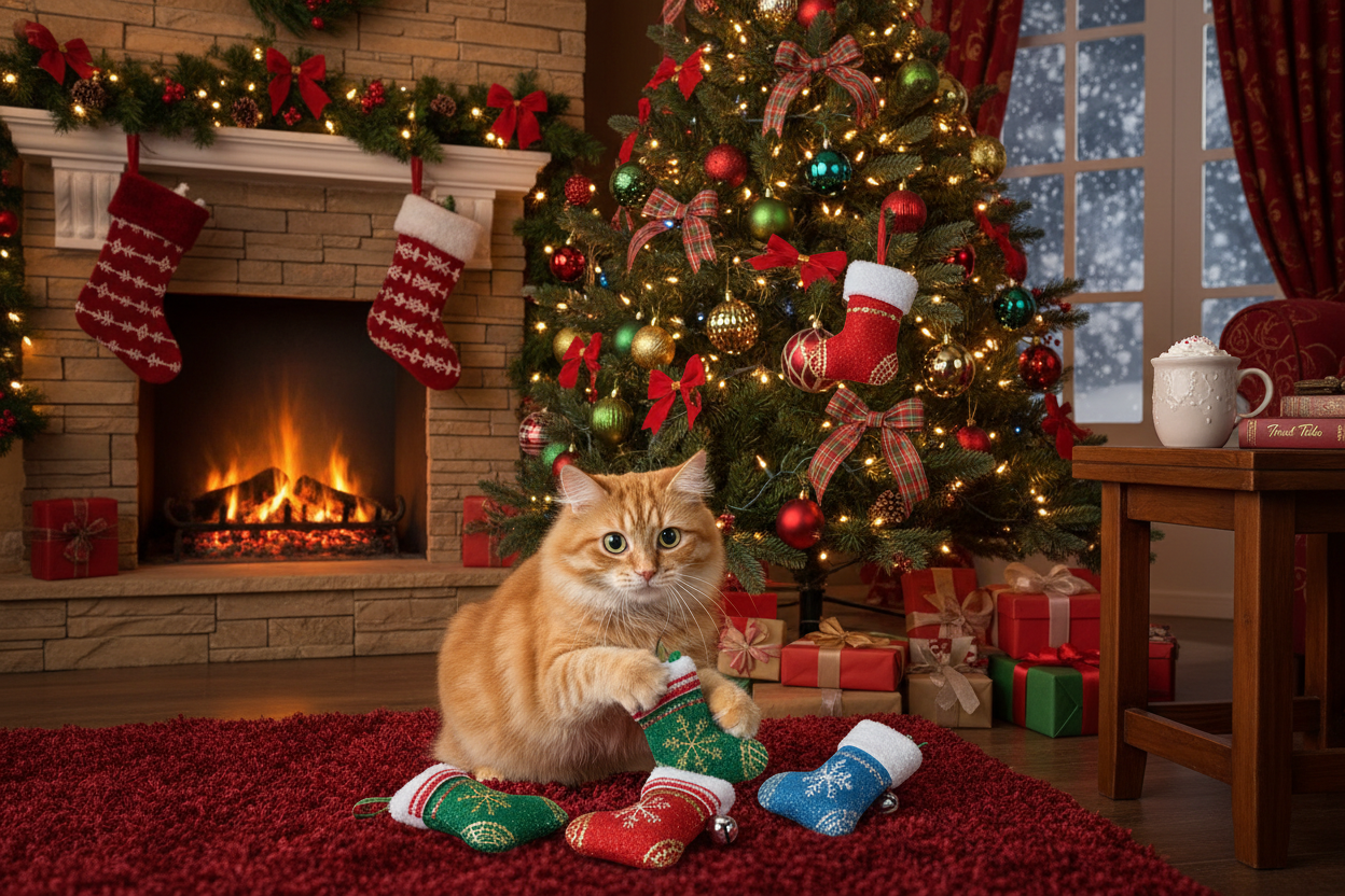 Xmas image with a cat & Kitty Play – Christmas Cat – Toy Stocking -10 Pack