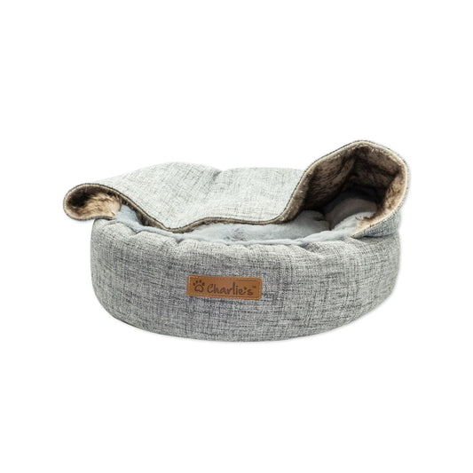 Charlie’s – Snookie Hooded Pet Bed – Faux Wolf Fur & Linen - Light Grey