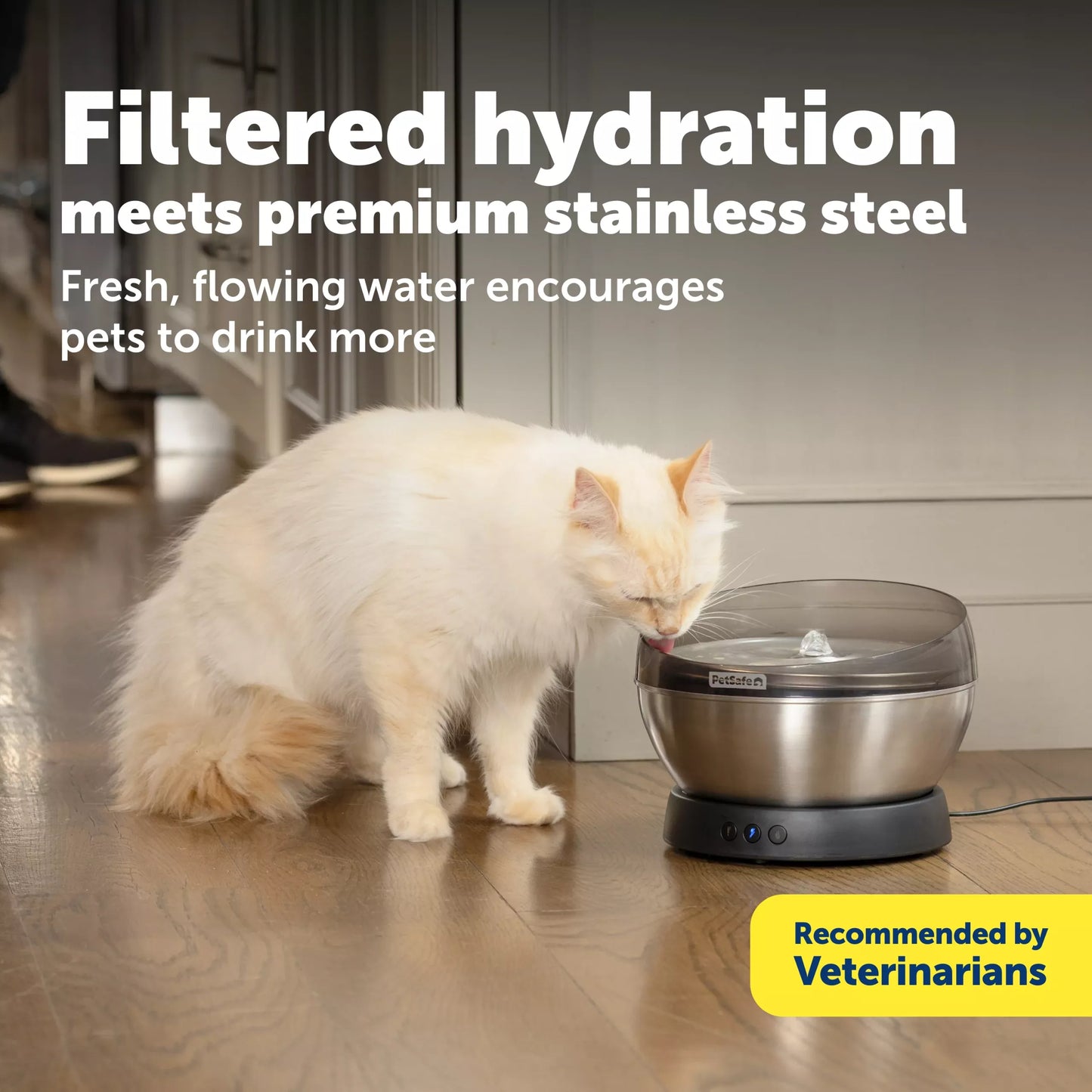 PetSafe – HydroSphere 1.7L Stainless Steel Fountain - encouraging them to drink and stay better hydrated