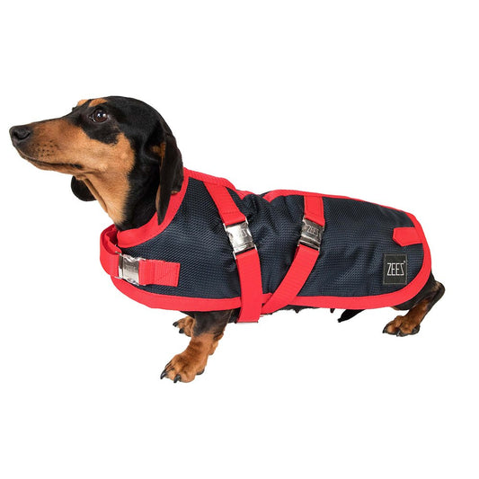 ZeeZ – Waterproof Supreme Dachshund Dog Coat – Navy Stone/Red