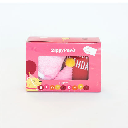 Zippy Paws Birthday Box Plush Squeaker Dog Toys - 3 Toys in Pink