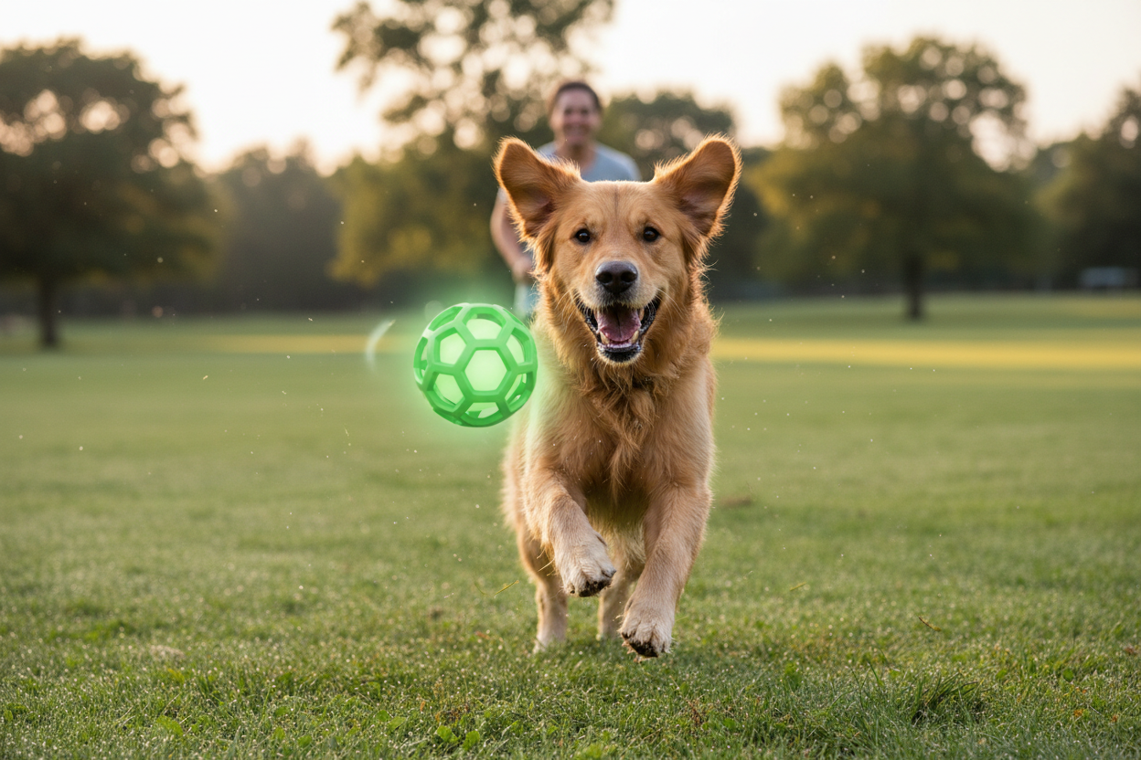 A dog playing with a Chuckit! Max Glow Air Fetch toy