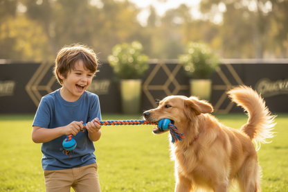 boy and dog playing with Chuckit! – Ultra Tug