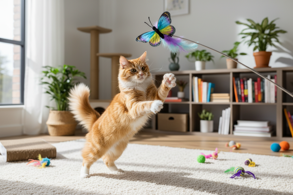 cat playing with Kong Cat Teaser Butterfly