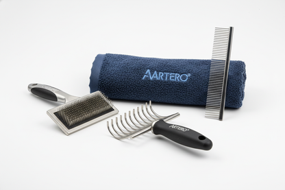 create a picture of Artero products, Universal slicker brush, Ionized absorbent towel, shedding rake and comb