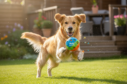 create picture of dog playing with RUFF Play – Denta Fun – Foam Treat Ball