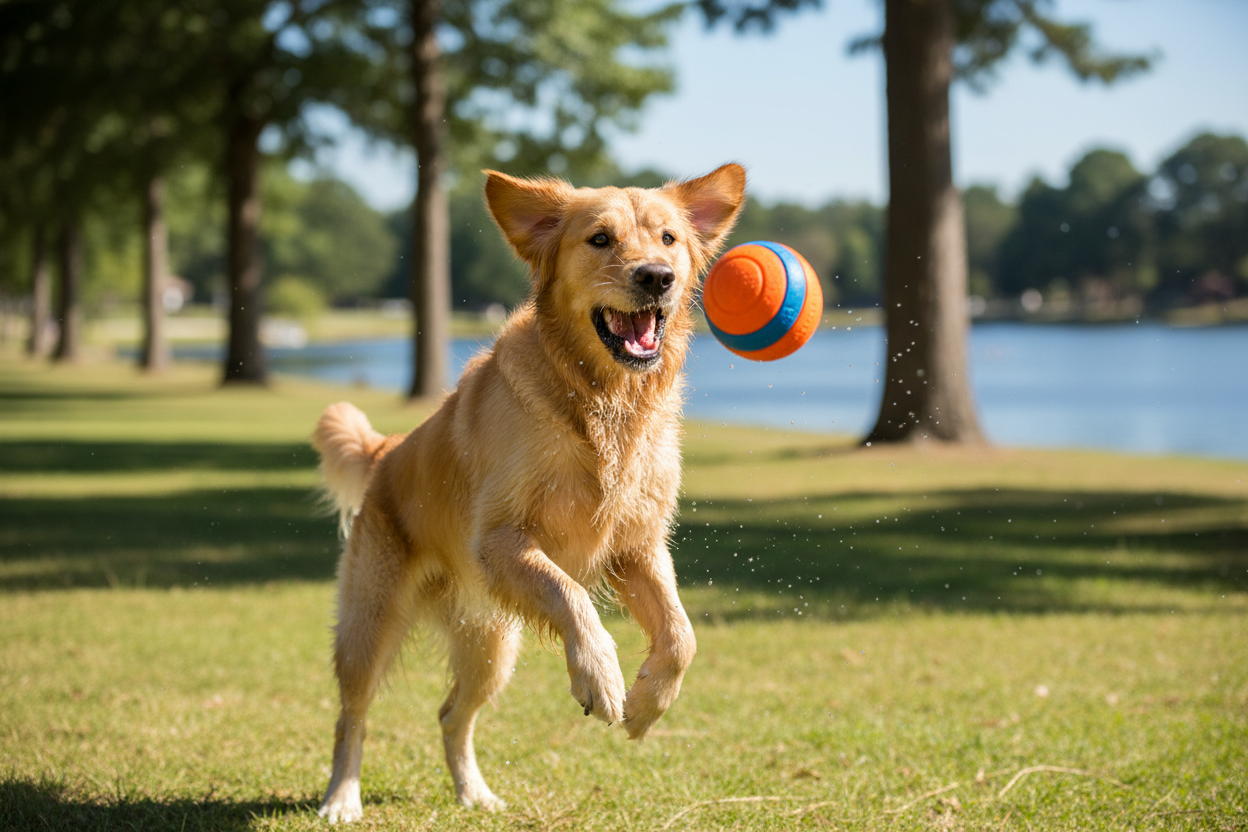 dog playing with Chuckit! – Amphibious Balls toy