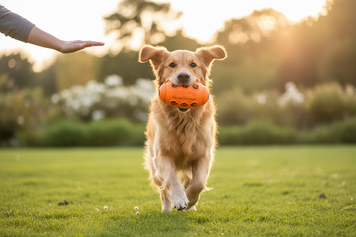 dog playing with RUFF Play – TPR Foam Treat Rugby