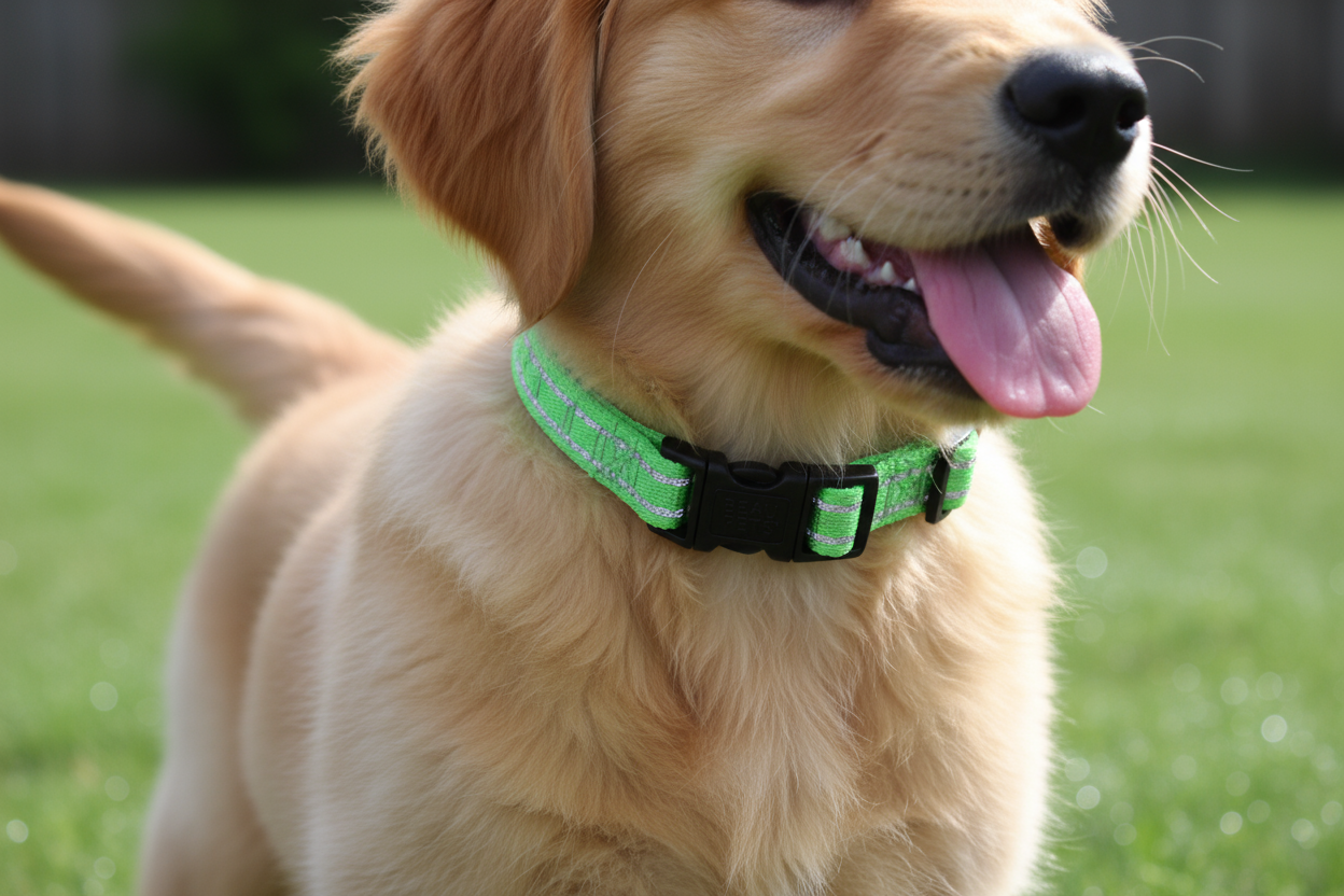 dog with beau pets puppy collar reflective thread adjustable green