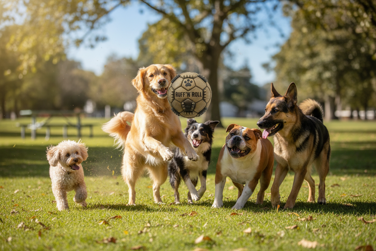 Dogs playing with RUFF Play – Ruff ‘N’ Roll – Soccer Ball