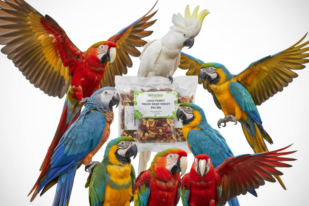 image Whistler Large Parrot Freeze Dried Medley 90G 8Pk with birds around it